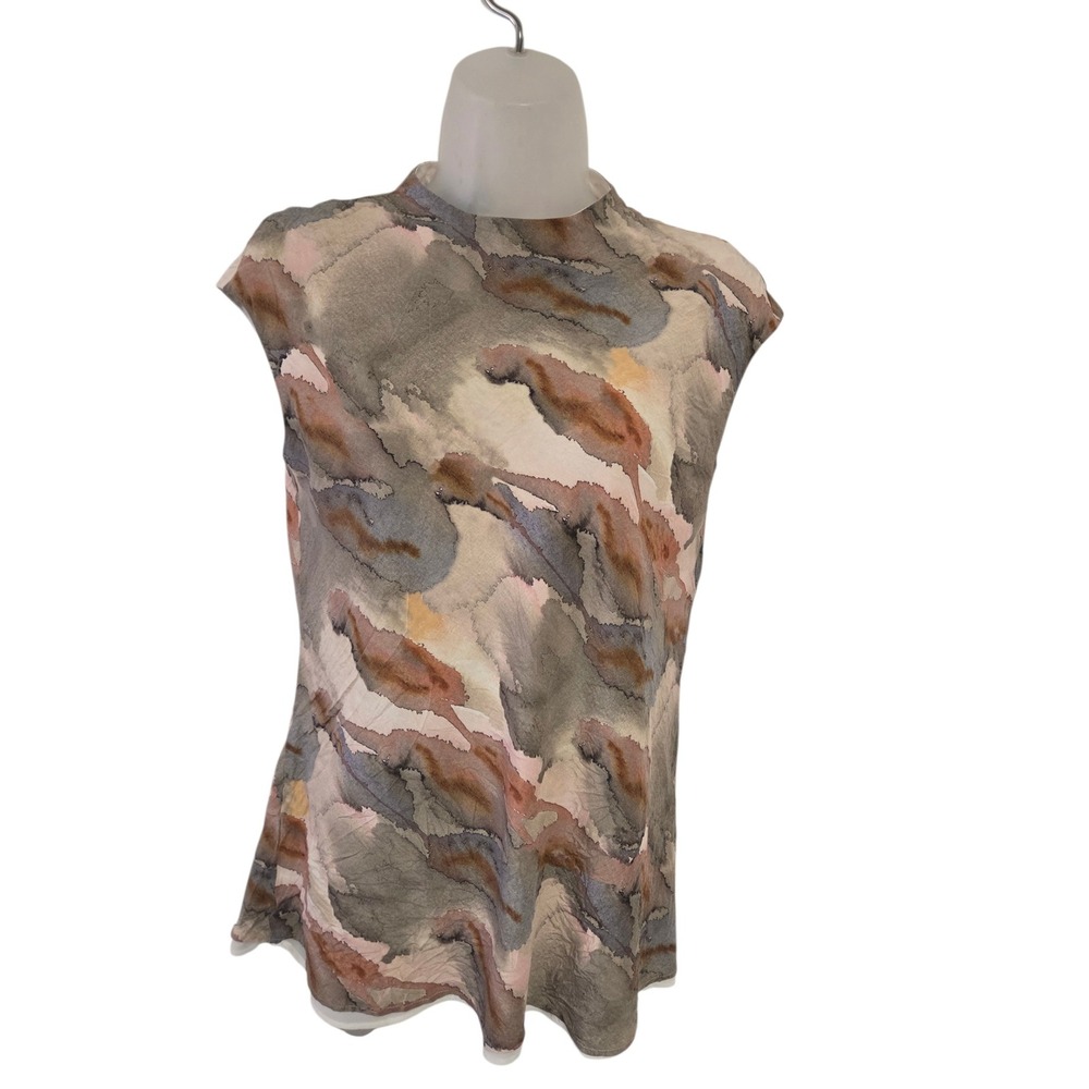 Lafayette 148 New York Silk Watercolor Abstract Mock Neck Sleeveless Blouse S